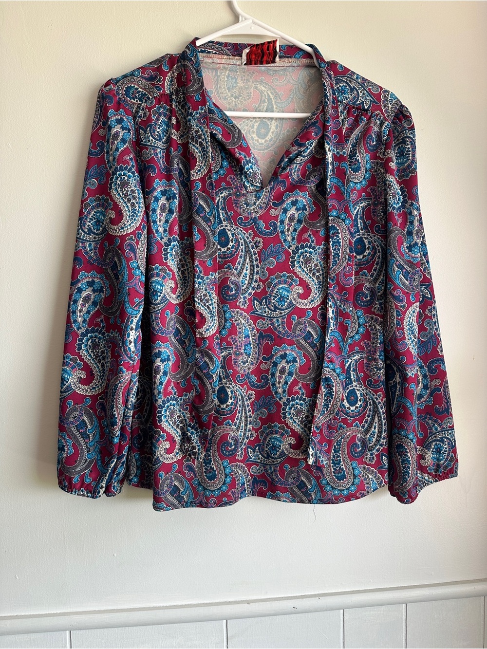 Women's Paisley V-Neck Blouse in Burgundy and Teal